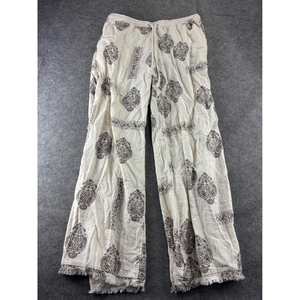 H&M Paisley Wide Leg Linen Blend Pants Cream Brown Womens S Coastal Beach Boho